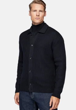 Cardigan Bleu Marine À Col Chemise En Laine Mérinos