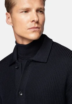 Cardigan Bleu Marine À Col Chemise En Laine Mérinos