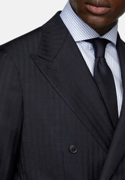 Costume Croisé Bleu Marine À Chevrons En Pure Laine