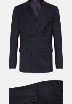 Costume Croisé Bleu Marine À Chevrons En Pure Laine