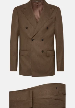 Costume Croisé Marron À Chevrons En Pure Laine