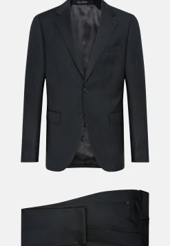 Costume Noir À Chevrons En Pure Laine