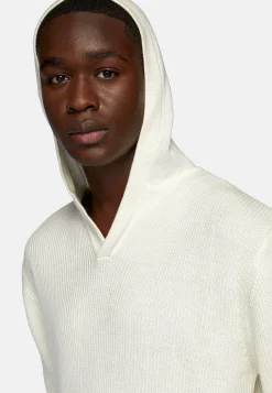 Pull Blanc À Capuche Avec Encolure En V En Laine Mérinos