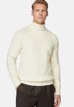 Pull Col Roulé Blanc Mélange De Points En Laine Mérinos