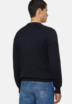 Pull Ras-du-cou Bleu Marine En Coton Soie Cachemire