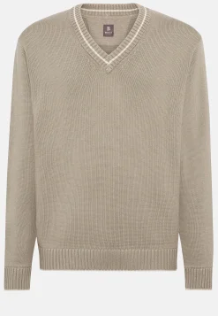 Pull Taupe À Col En V En Laine Et Coton Bio