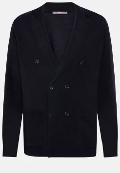 Veste En Maille Croisée Bleu Marine En Laine Mérinos